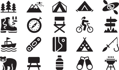Travel - thin line vector icon set. Camping, outdoor adventure icon set. Vector glyph pictograms of eco-tourism, tent, backpack, campfire, compass, kayak, hiking, travel, wilderness exploration black 