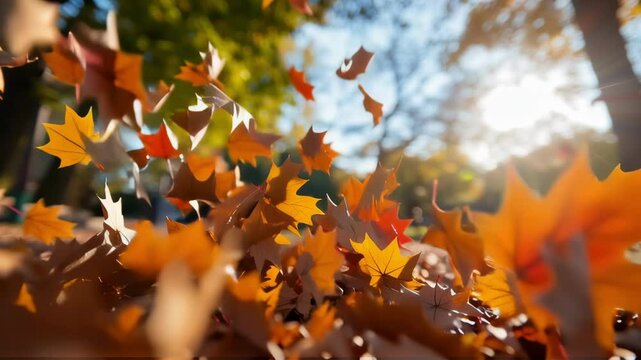 Golden maple leaves falling in a park on a sunny autumn day with bright sunlight in the background. A vibrant seasonal scene. Use for fall festival announcements, seasonal sales, or nature content