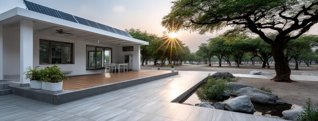 Fototapeta premium Solar panel installation on rural Indian village roof showcases sustainable energy in a bright, eco-friendly landscape with modern architecture