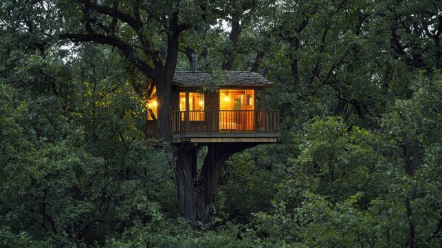Illuminated treehouse nestled amongst lush forest foliage.