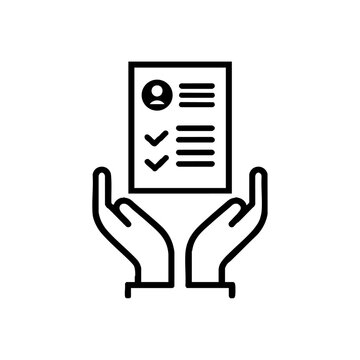 Outlined hands presenting a resume document with checkmarks and profile icon, representing candidate review or talent evaluation.

