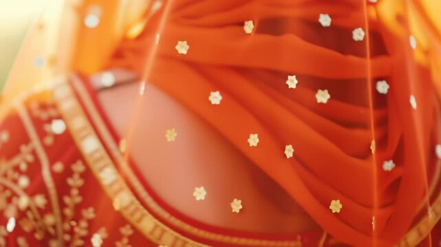 Close up of an indian bride in a traditional orange sari with gold embroidery. A scene of cultural ceremony and beauty. Footage for diwali, navratri, or ethnic fashion events