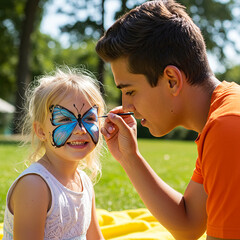 Face Painting Young Boy Applying Butterfly Design on Girls Cheek Outdoors