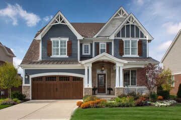 New Shingle Roof. Classic Two-Story American House with Blue Door