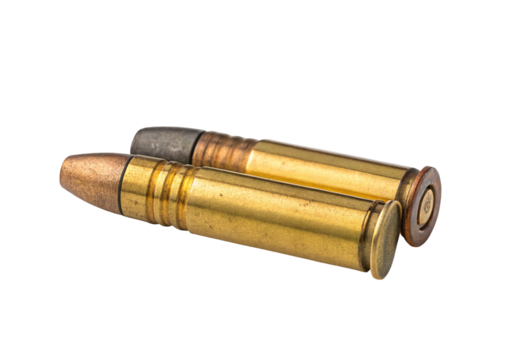Closeup image of two brass bullets on white background for ammunition and firearm use headings