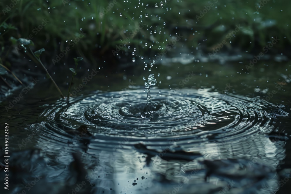 Poster close up of concentric ripples forming in a puddle as water droplets fall, creating a mesmerizing pa