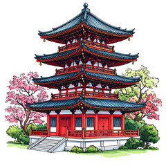 Obraz premium Japanese Pagoda Illustration Red And Blue Three Story Temple