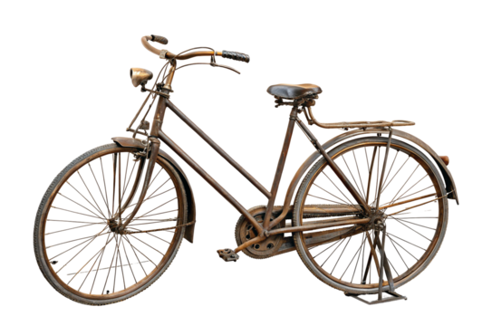 Vintage rusty bicycle isolated on white background for restoration or antique collection lovers
