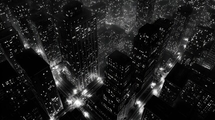 Noir City. Dark Night Streets with Modern Urban Architecture in Artistic Black Contrast