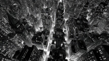 Noir City. Dark Night Cityscape with Urban Streets and Modern Architecture