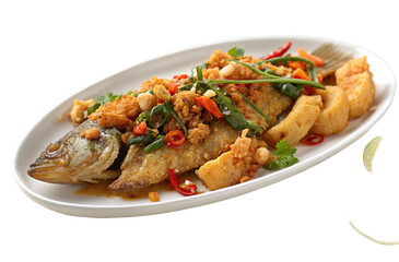 Delicious crispy fried fish with herbs and spices on white dish for dinner or lunch enjoyment