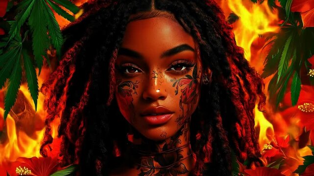 Animated portrait of a beautiful Black woman with floral tattoos and dreadlocks, standing against blazing fire. Reggae-inspired rasta style with vivid colors and symbolic energy