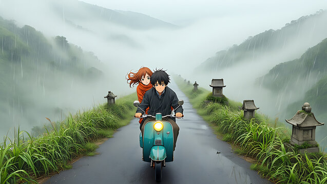 Anime Couple Riding Scooter Through Misty Mountain Road with Ancient Shrines and Drizzling Rain

