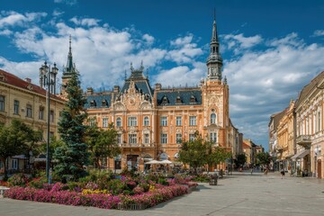 Fototapeta premium Novi Sad, Serbia: Main Square Architecture with a Green and Blue Sky