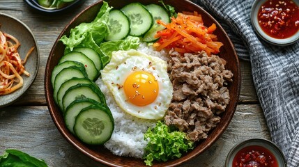 Vibrant bowl of bibimbap with rice, meat, vegetables, and egg.