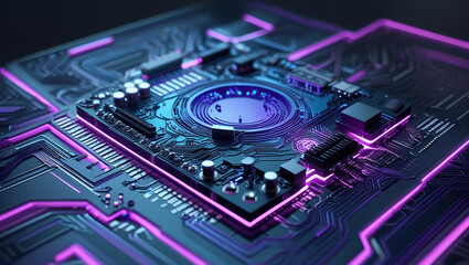Close-up of Futuristic Circuit Board with Glowing Components