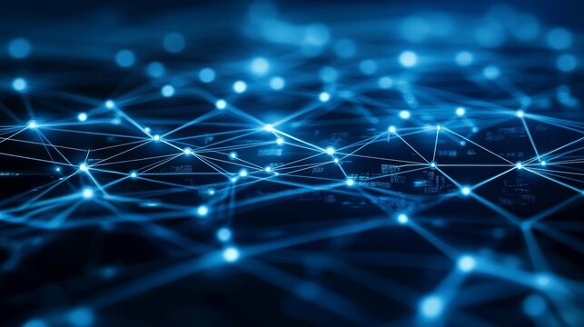 Blue lines on a dark background show a computer chip's connections.  It's a simple image representing computer technology.
