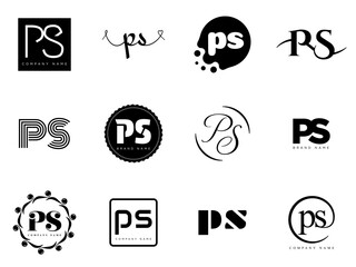 PS logo company template. Letter p and s logotype. Set different classic serif lettering and modern bold text with design elements. Initial font typography.