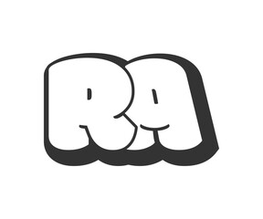 RA logo, bubble comic lettering, rounded in graffiti style black and white silhouette. Trendy preschool R and A letter text for festival party, personal initials, children funky print and web.
