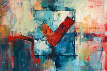 Abstract painting with a red check mark symbolizing validation, approval, and success