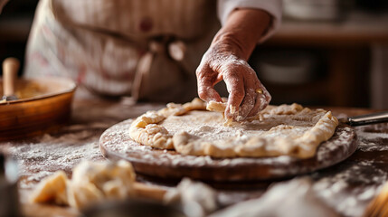 Woman preparing pie crust on floured surface