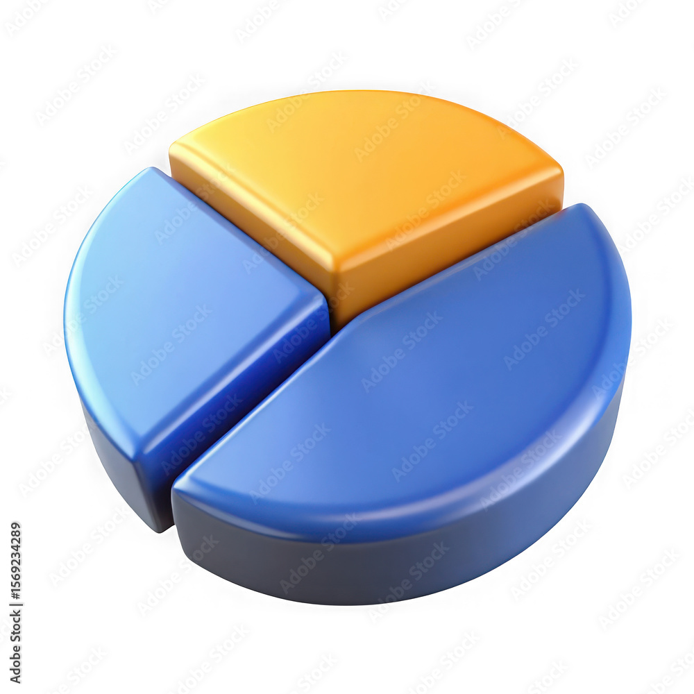 Poster three dimensional pie chart with blue and yellow segments isolated on transparent background