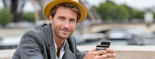 Young man in a hat smiles while using a mobile phone near the Eiffel Tower in Paris, showcasing the joy of travel against a famous landmark backdrop