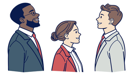 Diverse business professionals in suits and ties smiling and looking in the same direction representing teamwork and collaboration in a corporate setting