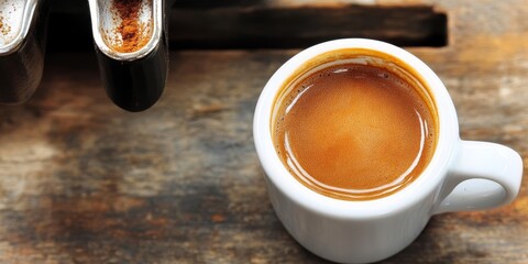 Rich Bold Espresso Shot Poured into a Glass with Coffee Tools and Dark Roast Coffee Beans
