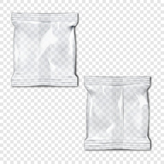 Square clear plastic pillow bag front and back. Realistic 3d mockup. Transparent three-seam pouch package. Vector mock-up. Flow-pack packaging. Easy editable template