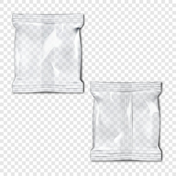 Square clear plastic pillow bag front and back. Realistic 3d mockup. Transparent three-seam pouch package. Vector mock-up. Flow-pack packaging. Easy editable template