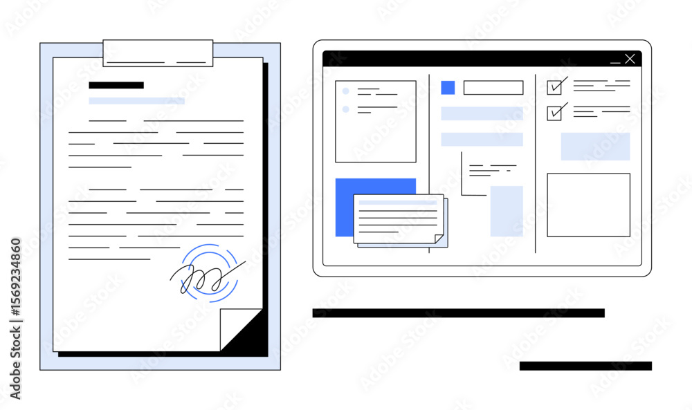 Poster hand-signed document and user interface of an online form editor representing legal agreements, e-si