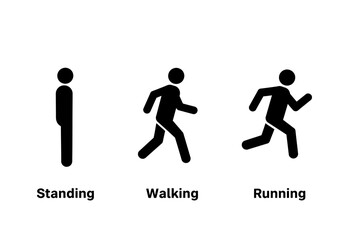 Obraz premium Simple pictograms illustrating human movement progression: standing, walking, and running.