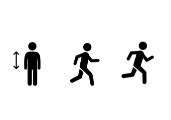 Three stick figures showing a person standing and then running at two different speeds.