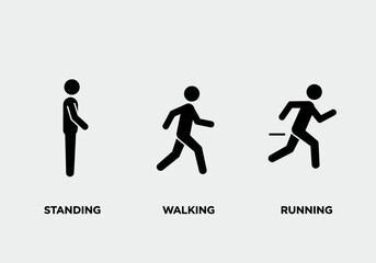 Simple black icons depicting human figures in different states of motion: standing, walking, and running.
