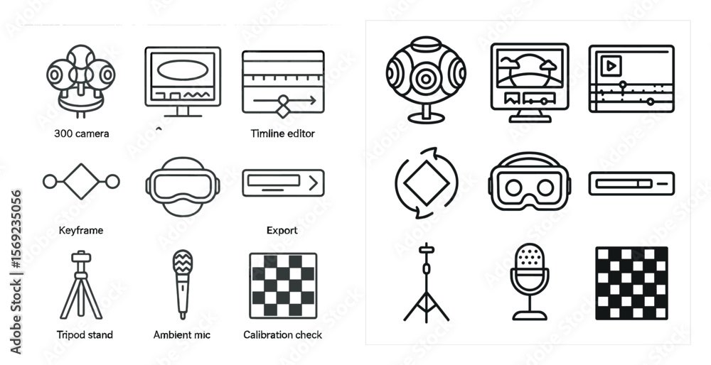 Fototapete Set of icons for a computer game. The icons include a microphone, a camera, a keyboard, a mouse, a video game controller, a headset, a microphone stand, a tripod, a video game screen