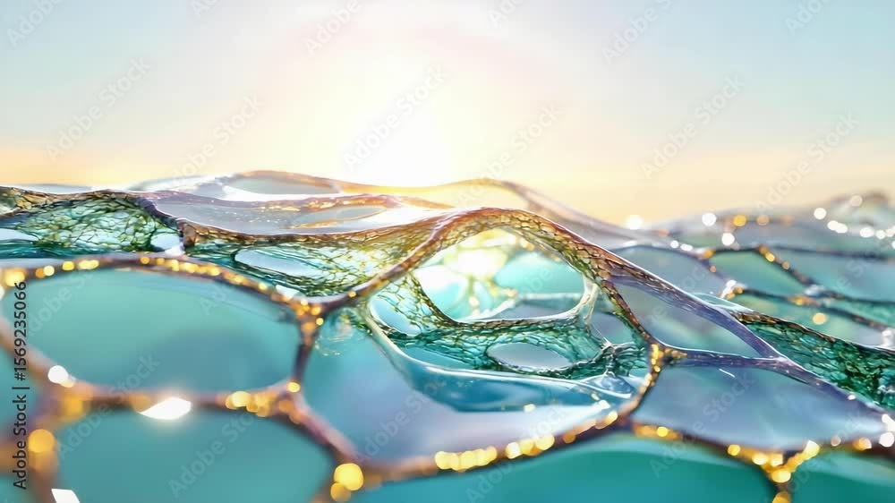 Poster a close-up view of water waves with shimmering surfaces and sunlight reflecting off them, creating a
