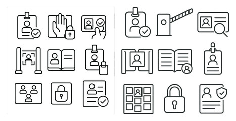 Set of icons for identification cards and documents. The icons include a book, a key, a person with a hand on a door, a person with a hand on a window, a person with a hand on a computer