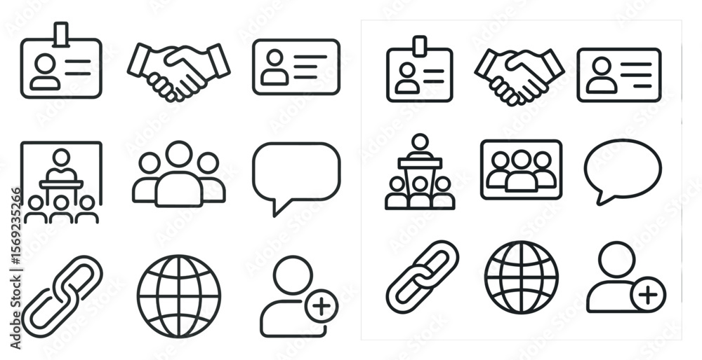 Poster set of icons that represent people in a business setting. the icons include a handshake, a person wi