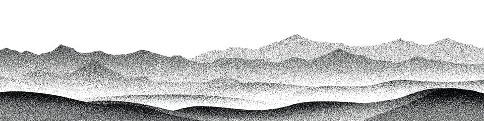 Mountain landscape, noisy stippled grainy texture, halftone dots, vector design