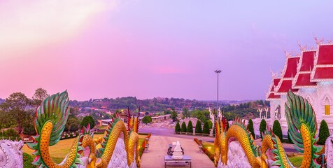 Twilight View of Naga Staircases at Phop Chok Dhamma Chedi, Chiang Rai, Thailand