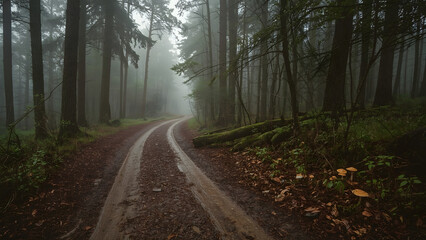 Fototapeta premium Misty Forest Road, Foggy Pine Woods, Eerie Woodland Path