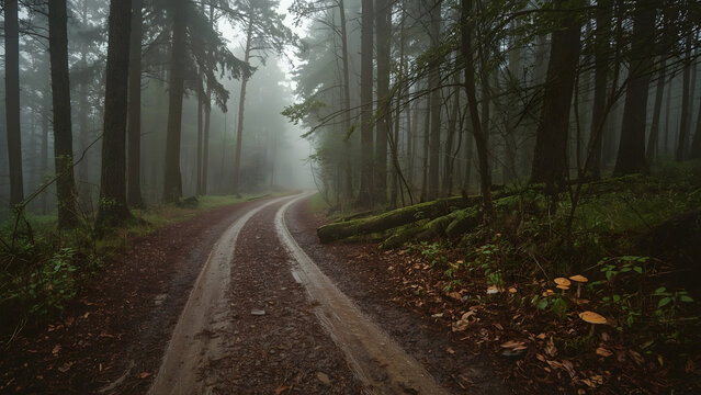 Misty Forest Road, Foggy Pine Woods, Eerie Woodland Path - Powered by Adobe
