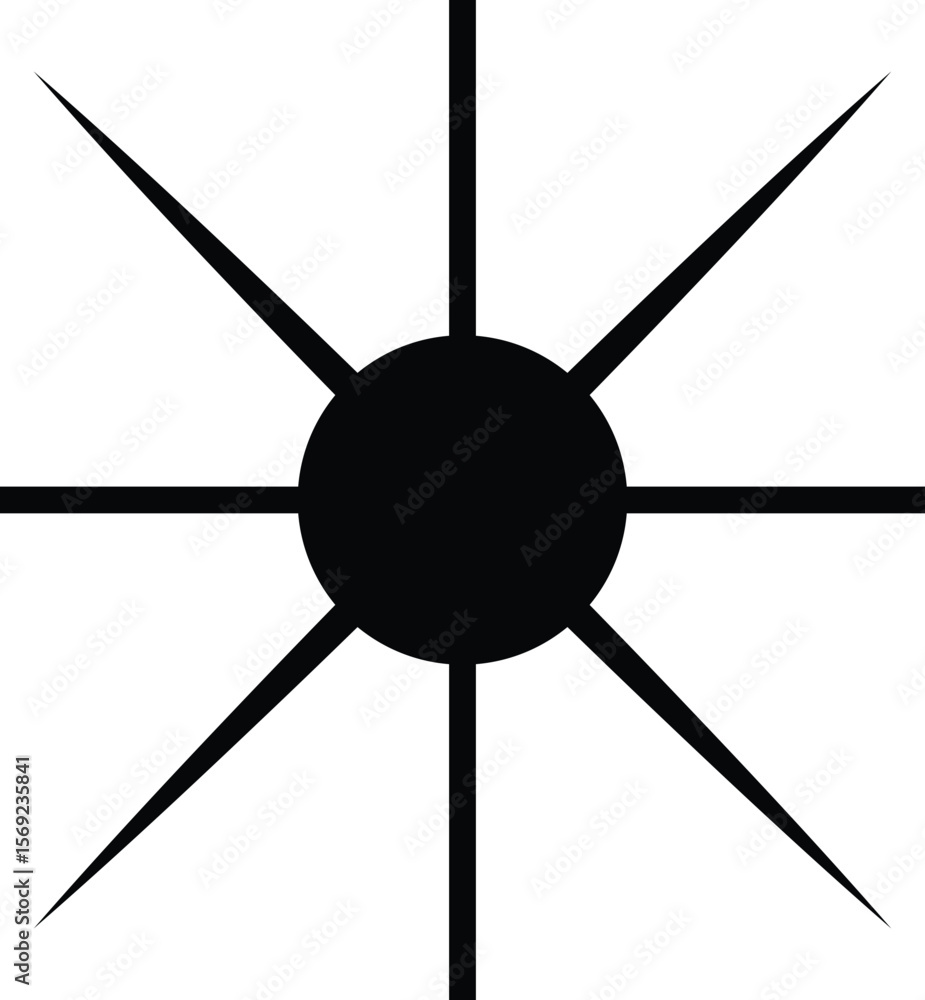 Poster black silhouette of a starburst or sun symbol with sharp rays emanating from a central circle isolat