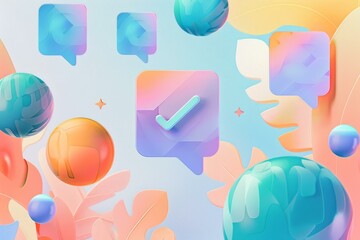 3d rendering of colorful social media notification icons with a check mark, symbolizing approval and validation in online communication