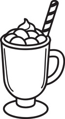 festive cocoa or eggnog with candy line art, black outline, vector and illustration, coloring book page line art drawing