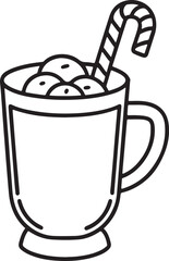 festive cocoa or eggnog with candy line art, black outline, vector and illustration, coloring book page line art drawing