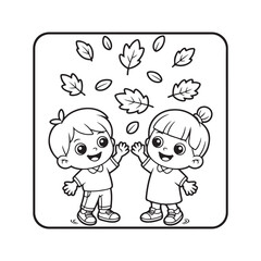 Jumping in a Pile of Autumn Leaves – Fun Fall Coloring Page for Kids, autumn leaves coloring page, fall kids activity coloring, seasonal coloring page children, jumping in leaves coloring,  vector art