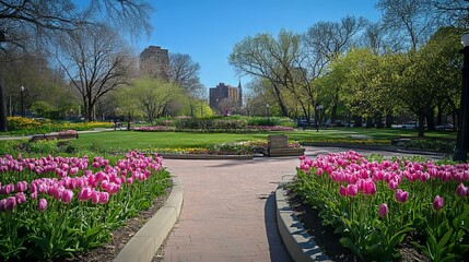 Pretty pink flowers bloomed in Columbus, Ohio's Goodale Park in early spring.
