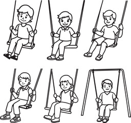 set of little boy sitting on swing line art, black outline, vector and illustration, coloring book page line art drawing